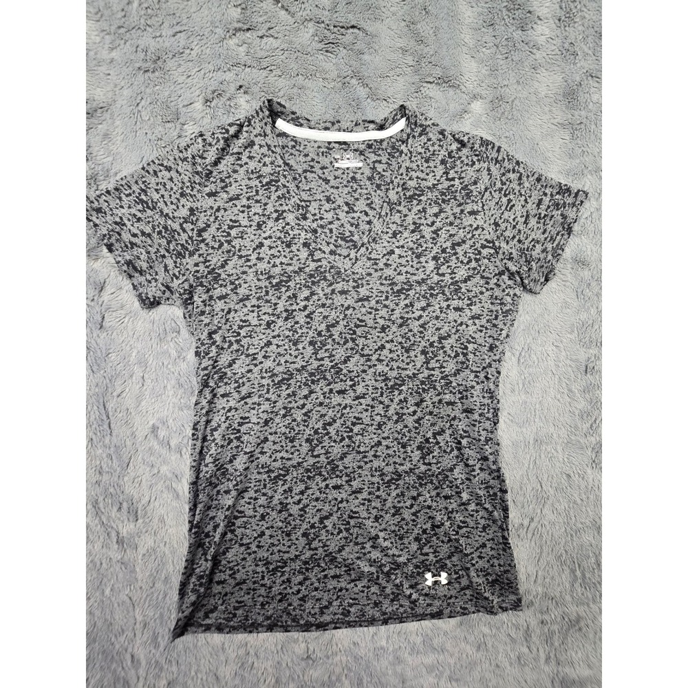 Under Armour HeatGear Womens Grey Camo V-Neck Short Sleeve Athletic Top MD‎